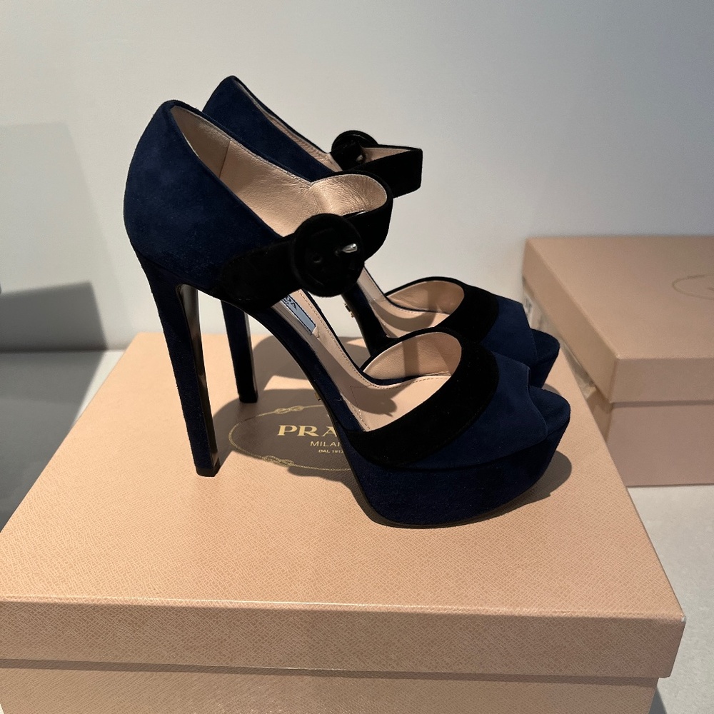 Prada Calzature Donna Suede Pumps Black/Navy NEW Size 37